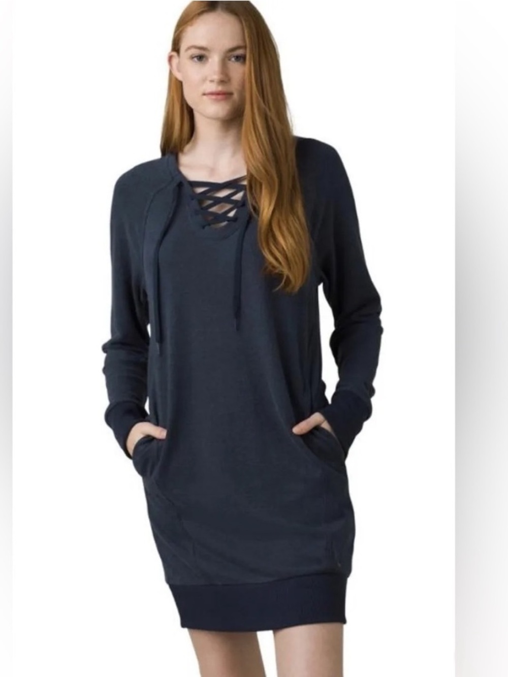 Prana Womens Dark Grey Lace-Up V-Neck Sweater Cozy-Up Terry Hemp Dress Sz Med